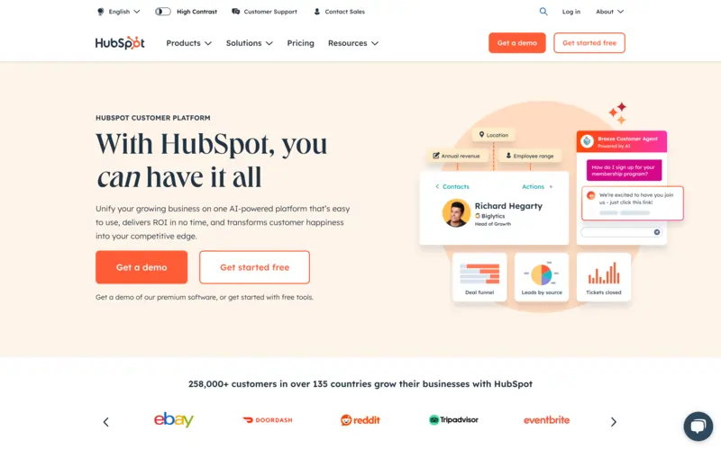 Screenshot of HubSpot home page