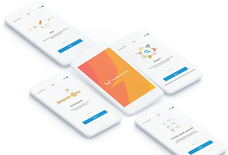 Mockup of phones showing OneRemission's user interface