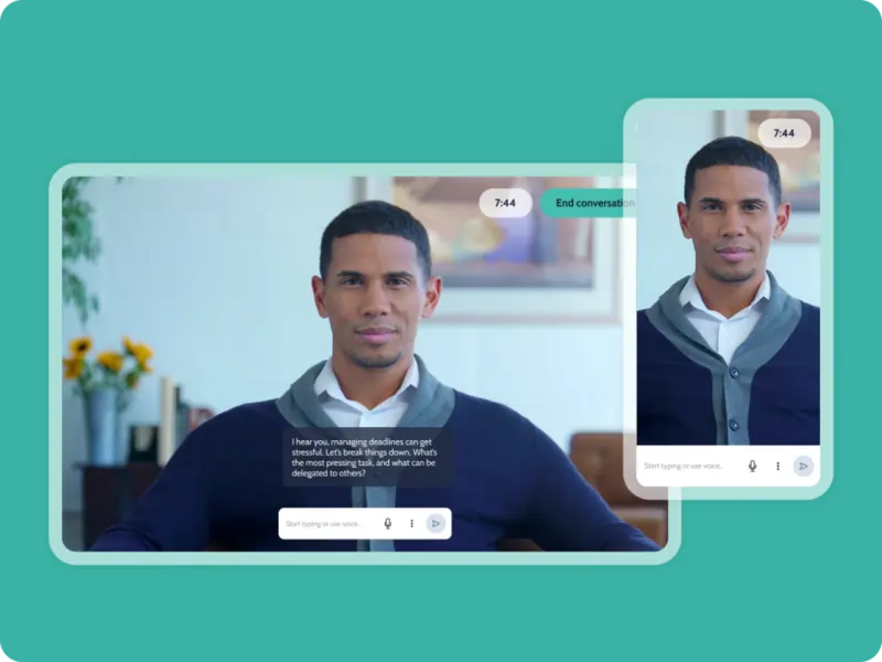 A mockup of Virti's AI roleplay interface with virtual patients