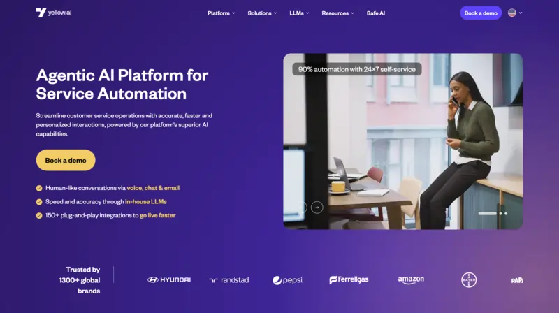 screenshot of Yellow.ai website homepage
