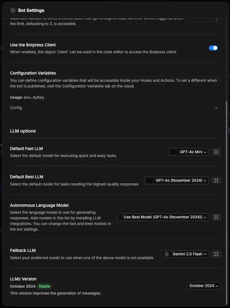 Changing preferred LLMs in Bot Settings on Studio