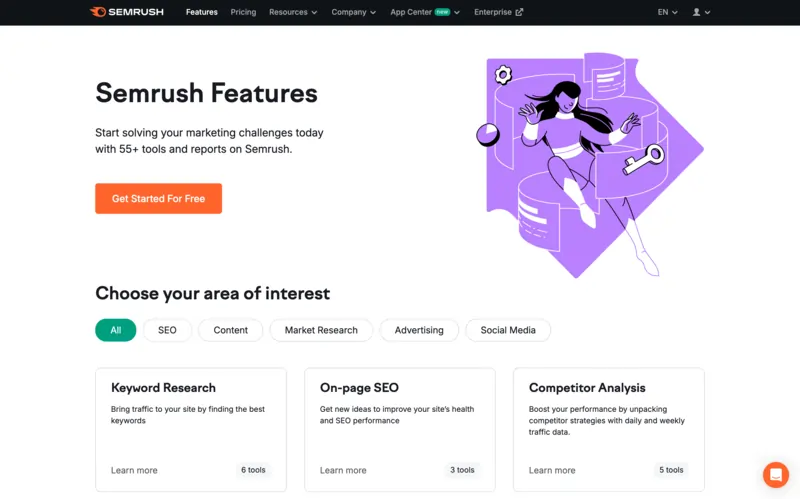 Screenshot of Semrush's features page