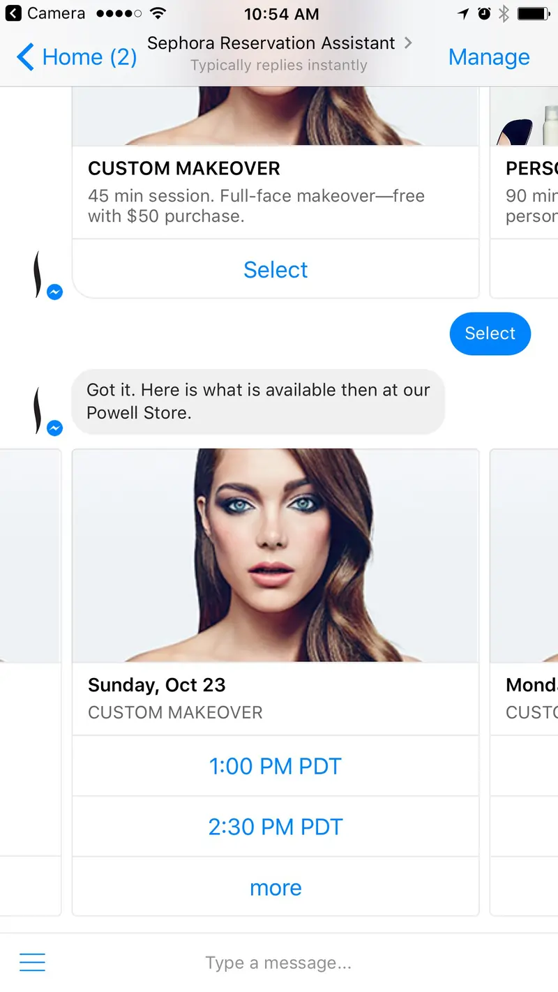 Screenshot of Sephora's reservation assistant