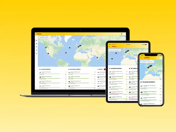 Mockups of DHLs myDHLi on different devices