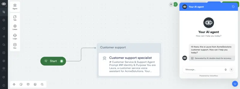 A screenshot of the Voiceflow AI agent building UI