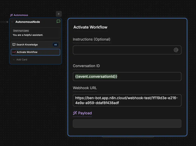 n8n "Activate Workflow" action card configuration