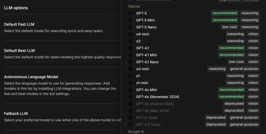 Choosing model on Botpress studio for the ai agent