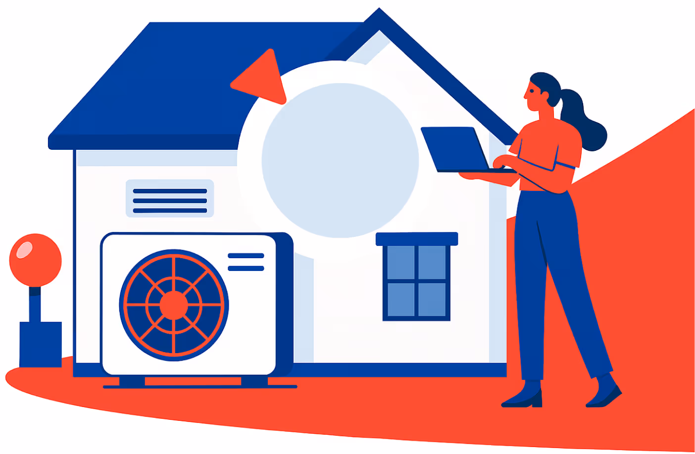 A red and blue house with a central air conditioning unit and a lady outside with her laptop.