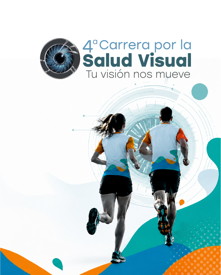 Muestra 2 personas de espaldas  corriendo sobre lineas de colores en un fondo blanco. Arriba se muestra el logo de la 4 Carrera por la Salud Visual