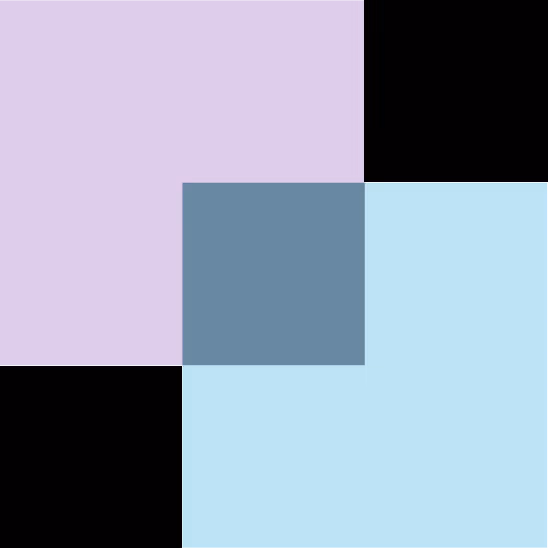 Overlapping squares of different colors including light purple and light blue, creating a blended blue square where they intersect.