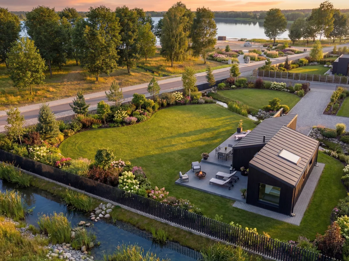 Modern black house with a patio, lounge chairs, fire pit, and landscaped garden near a pond and trees at sunset.