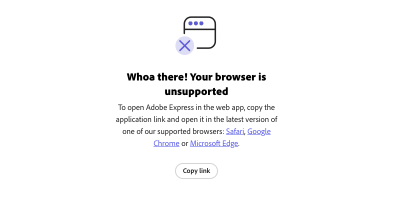 „Adobe Express“ svetainė su iškylančiu pranešimu, kad naršyklė nepalaikoma.