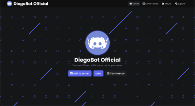 „Discord Bot“ pradinis puslapis, kuriame yra apvalus logotipas, išcentruotas virš antraštės, tekstas, tada trys mygtukai eilėje.