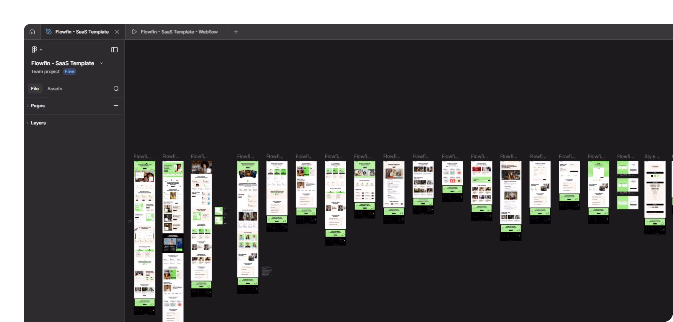 Screenshot of a design software interface displaying multiple mobile app page mockups with a green and white color scheme, arranged horizontally.