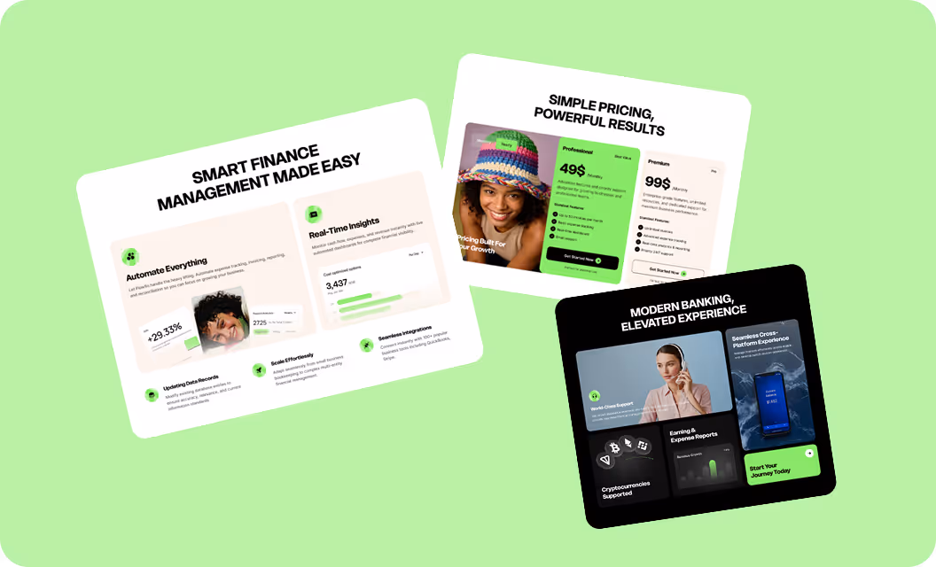 Three overlapping cards displaying smart finance management, simple pricing plans with professional and premium options, and modern banking features on green background.