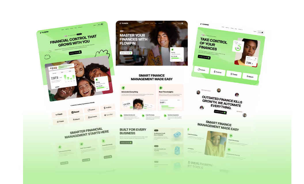 Collage of three financial management web pages from Flowfin featuring diverse people, finance dashboards, and messages about smart finance control and automation.