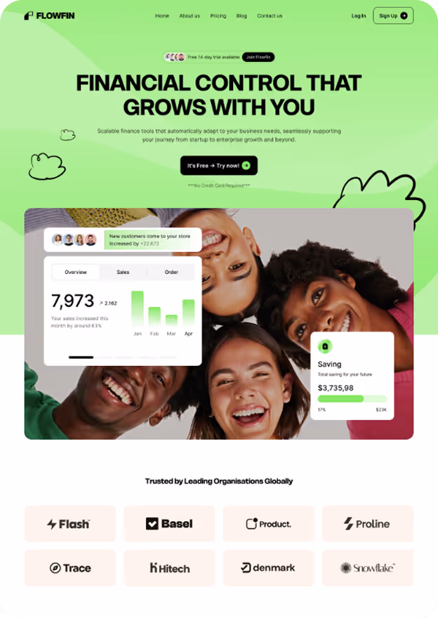 Flowfin homepage with headline about financial control, smiling diverse group of four young adults, an overlay of sales and savings charts, and logos of trusted organizations below.