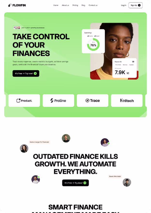 Website homepage for Flowfin showing finance management promotion with a woman's face, spending and keywords analytics, and calls to action for trying the product free.