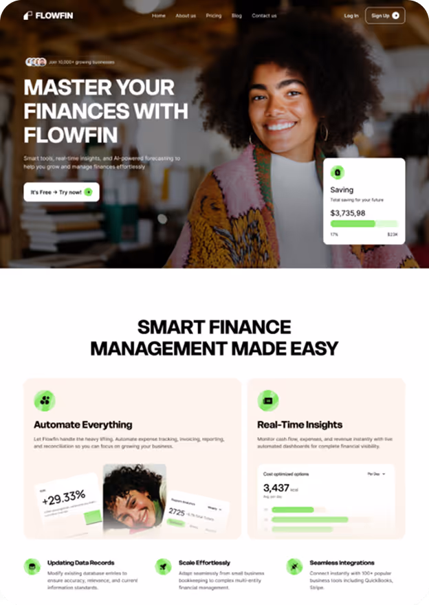 Flowfin homepage showing a smiling woman with text promoting AI-powered finance tools, savings overview, and features like automate everything and real-time insights.