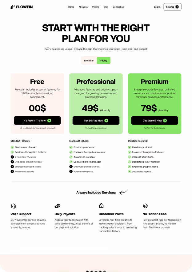 Pricing plans comparison from Flowfin website featuring Free, Professional, and Premium plans with monthly/yearly toggle and included services like 24/7 support and daily payouts.