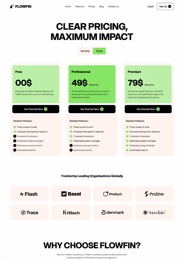 Flowfin pricing page showing three plans: Free at $0, Professional at $49/month, and Premium at $79/month, with features list and logos of trusted companies below.