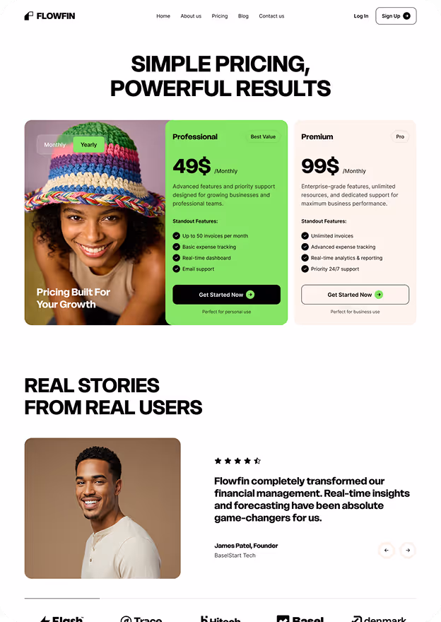 Flowfin pricing page showing two plans: Professional at $49/month with features for small teams and Premium at $99/month with advanced features; includes a customer testimonial with a portrait of a smiling man.
