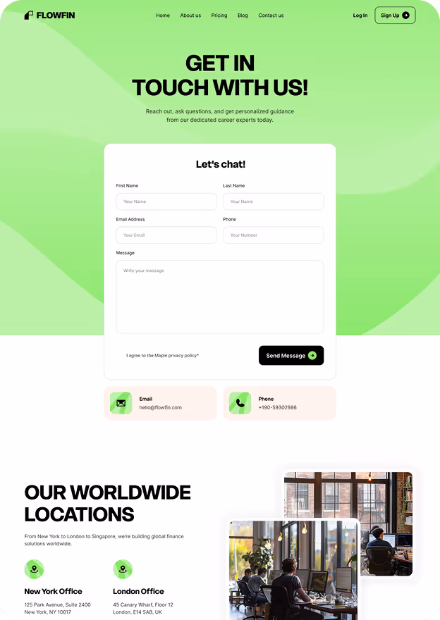 Contact form on Flowfin website with fields for name, email, phone, message, and company contact info below, plus worldwide office locations listed.