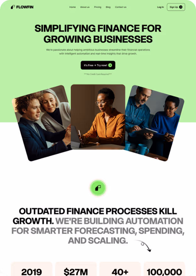 Website homepage with header 'Simplifying finance for growing businesses', images of diverse professionals working on finance, and text about building automation for smarter forecasting, spending, and scaling.