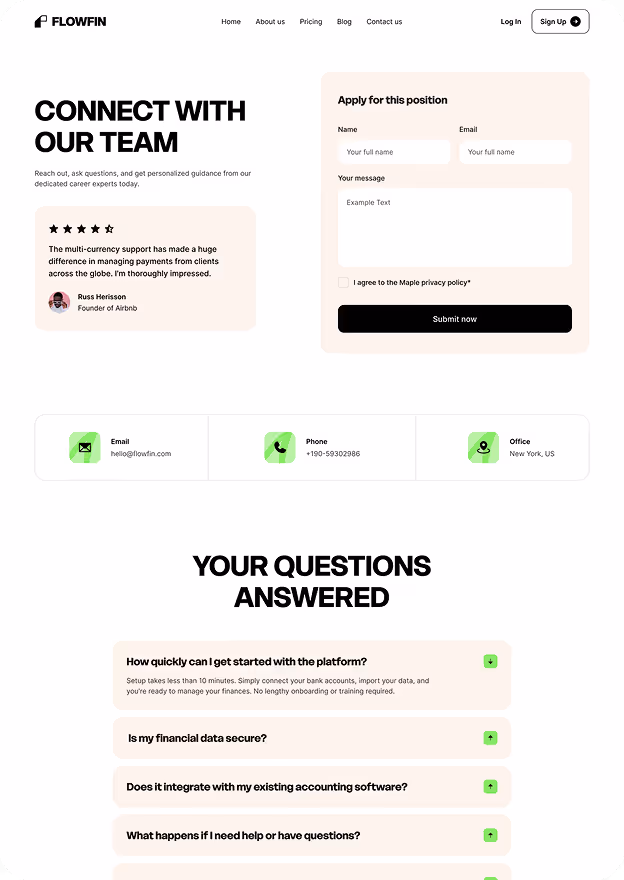 Flowfin contact page with sections for applying to a position, a testimonial from Russ Herisson, contact info including email, phone, and office location, and a FAQ titled 'Your Questions Answered' with expandable questions about platform setup, data security, software integration, and support.
