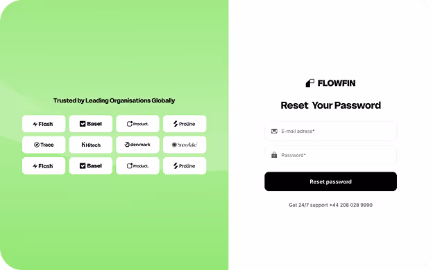 Password reset page for Flowfin with a green left section showing logos of trusted organizations and a white right section with fields for email and password and a black reset button.