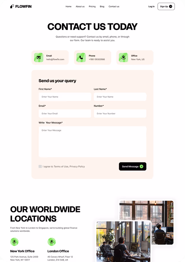 Contact us page with Flowfin logo, contact information for email, phone, and office in New York, a query form for first name, last name, email, number, message, and global office locations with images of office spaces.