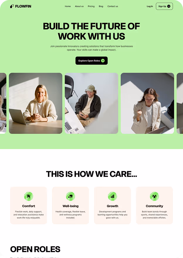 Career page with headline 'Build the future of work with us,' images of diverse professionals, and sections describing company values: Comfort, Well-being, Growth, and Community.