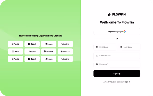 Flowfin sign-up page with a green background on the left displaying logos of trusted global organizations and a white sign-up form on the right with fields for first name, last name, email, and password, plus options to sign in via Google or create a new account.