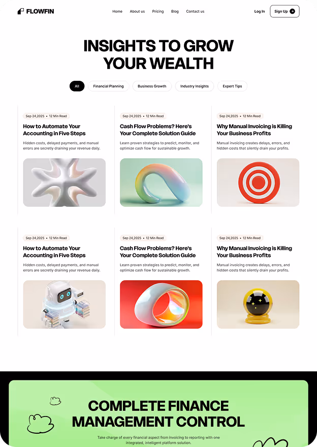 Financial blog webpage with articles on automating accounting, cash flow solutions, and manual invoicing, under the heading Insights to Grow Your Wealth.
