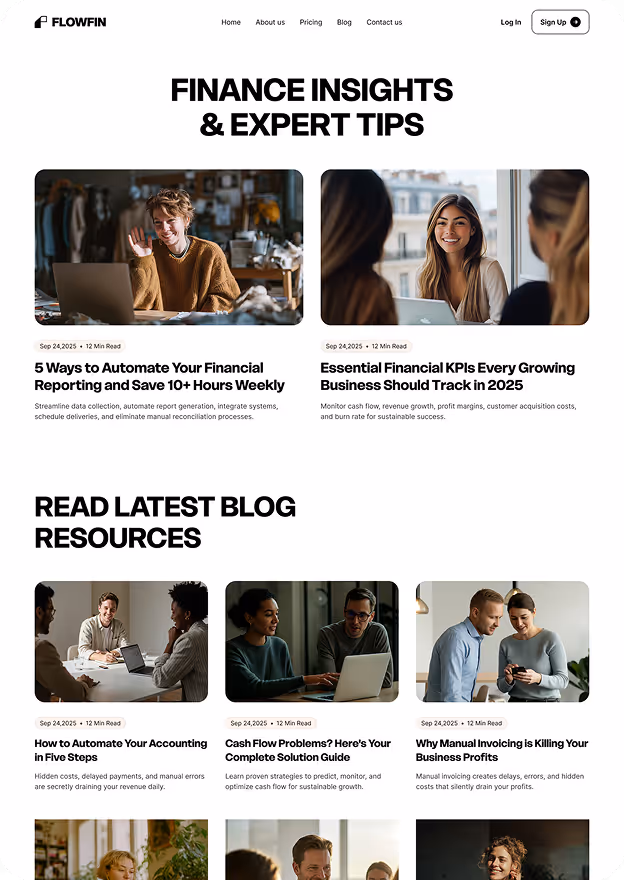 FlowFin finance blog page showing articles on automating financial reporting, essential financial KPIs, accounting automation, cash flow problems, and manual invoicing effects.