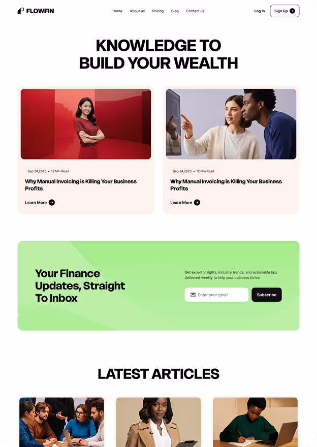 FLOWFIN website homepage showing navigation, headline 'Knowledge to Build Your Wealth,' two article previews about manual invoicing with images, a green subscription box for finance updates, and a section titled 'Latest Articles' with images of diverse people working.