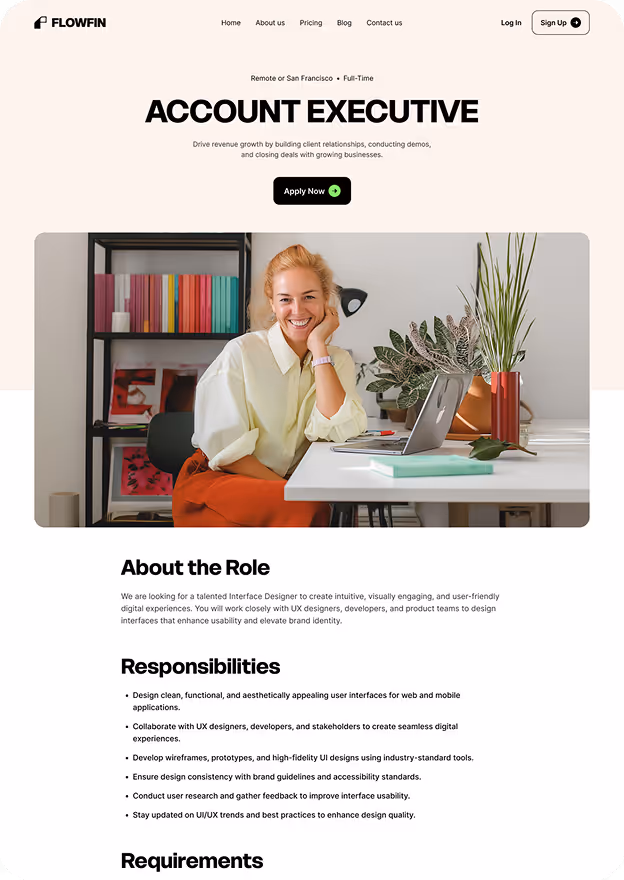 Job listing for Account Executive at Flowfin with a smiling woman sitting at a desk with a laptop and plants in the background.
