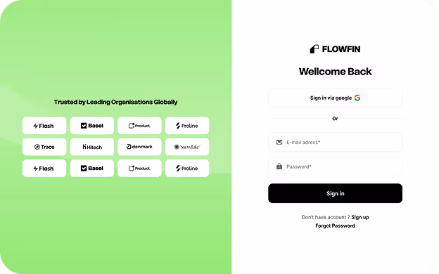 Login page with 'FLOWFIN' logo, welcome message, Google sign-in button, email and password fields, and sign-in button on right; trusted organizations logos on green background on left.
