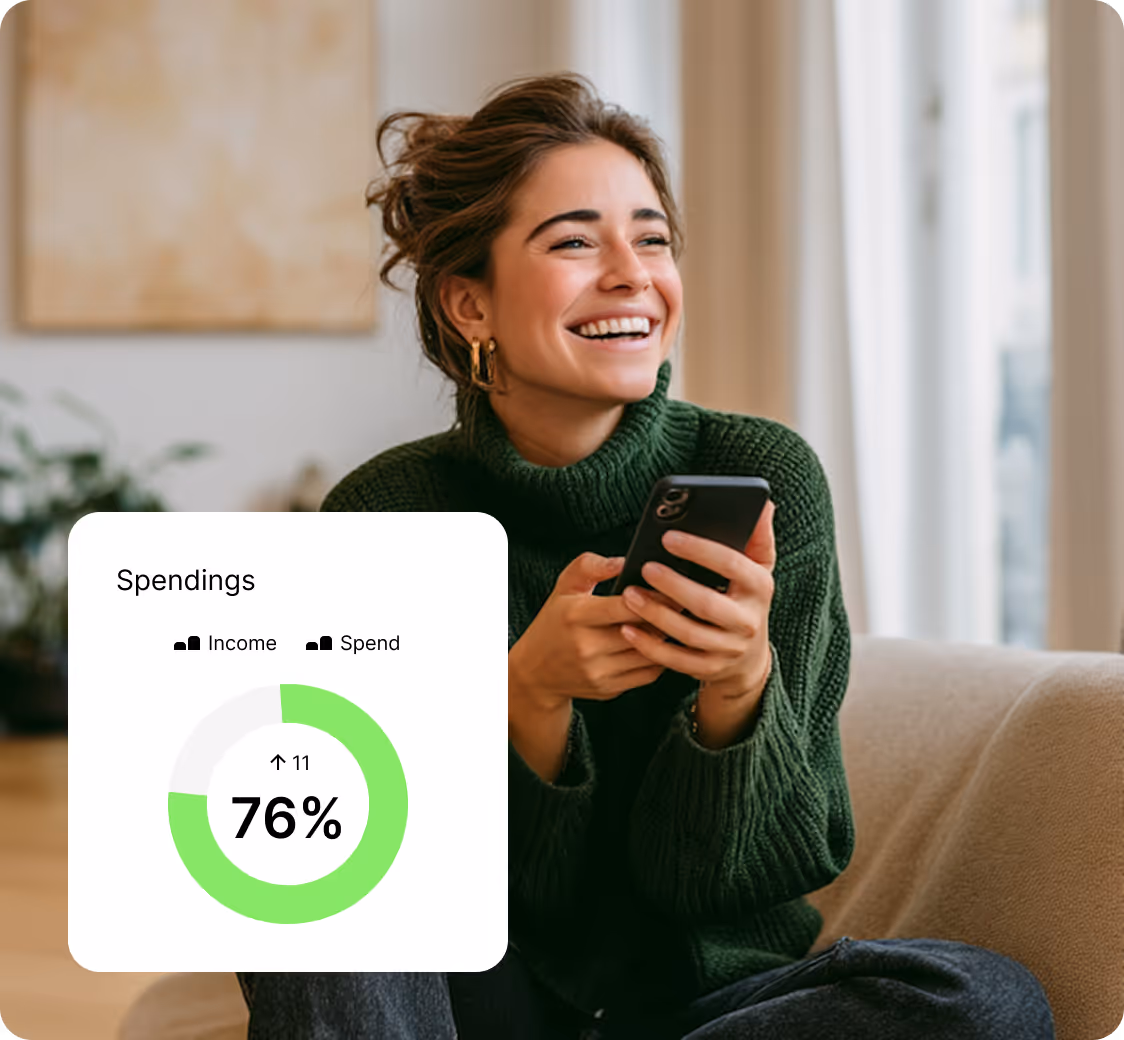 Smiling woman in green sweater holding smartphone with a transparent overlay of a spending chart showing 76% in green.