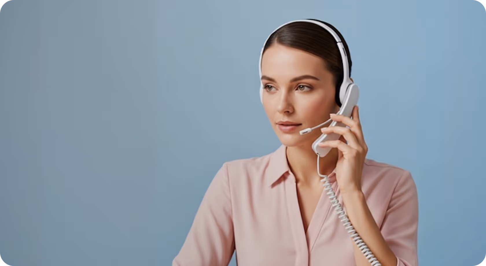 Woman wearing headset and holding a telephone handset against a light blue background.