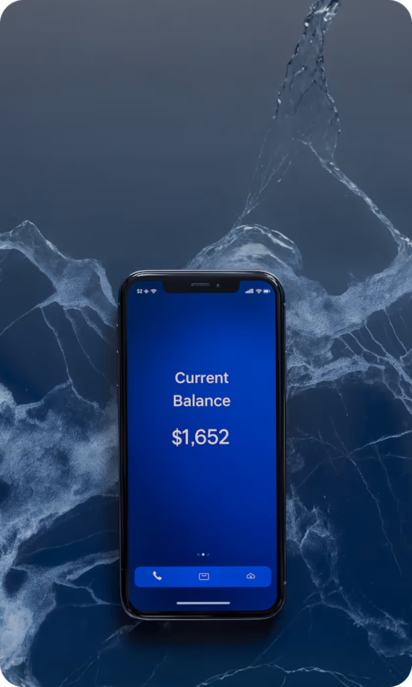 Smartphone screen displaying a current balance of $1,652 on a blue background with water splash effect behind it.