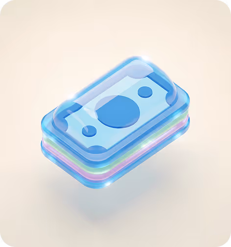 Stack of transparent, blue-tinted, stylized paper money with rounded corners on a light background.