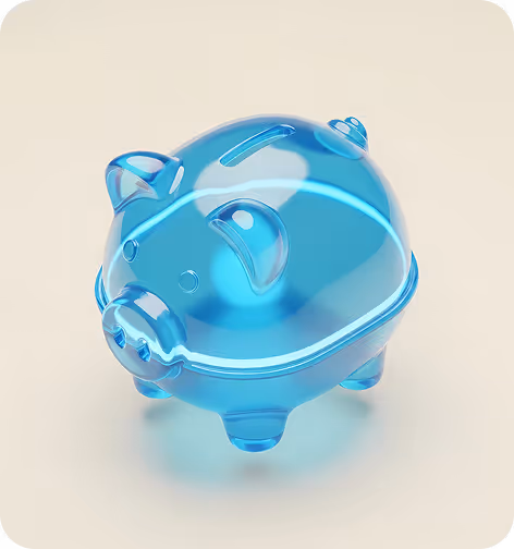 Transparent blue piggy bank with visible rounded features on a light background.