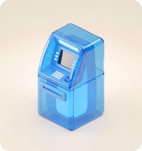 Transparent blue ATM machine with a keypad and screen on a light background.