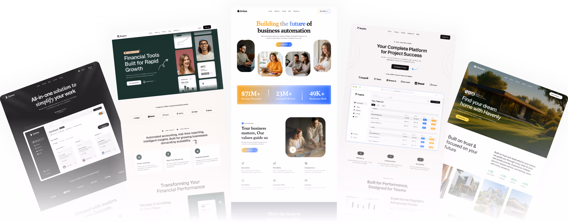 A collage of five digital business website homepage designs showcasing automation, financial tools, project management, and real estate platforms.