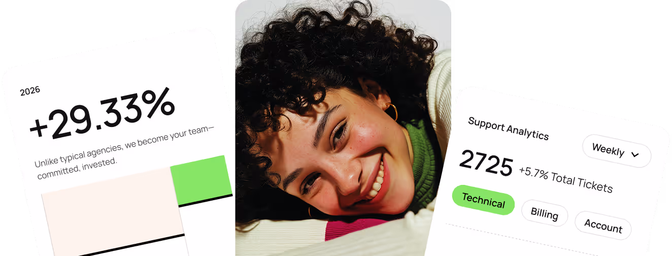 Smiling woman with curly hair resting her head on crossed arms, flanked by cards showing business metrics including 29.33% increase and 2725 support tickets.