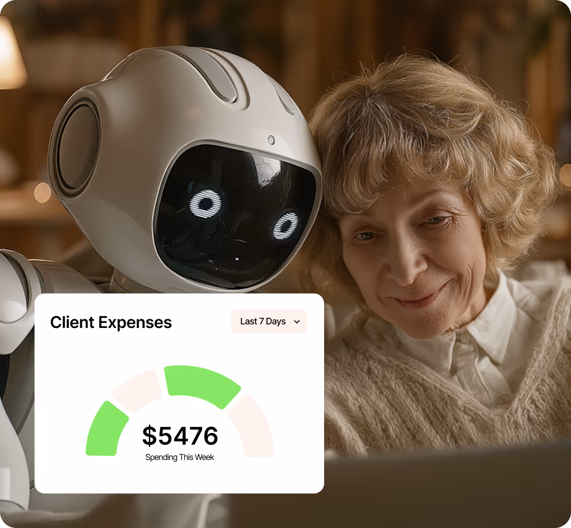 Smiling elderly woman sitting close to a robot with digital eyes, looking at a tablet displaying client expenses of $5476 for the last 7 days.