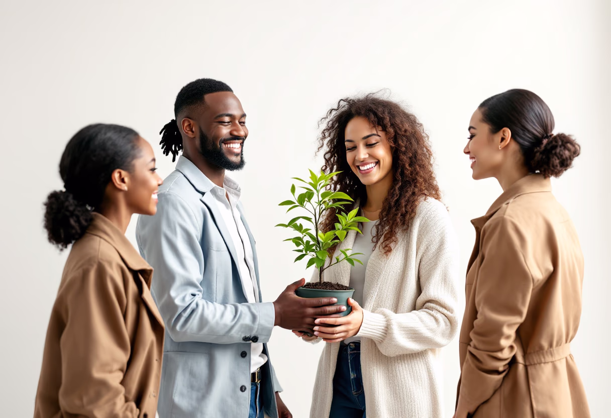 image of a volunteer handing a sapling to another