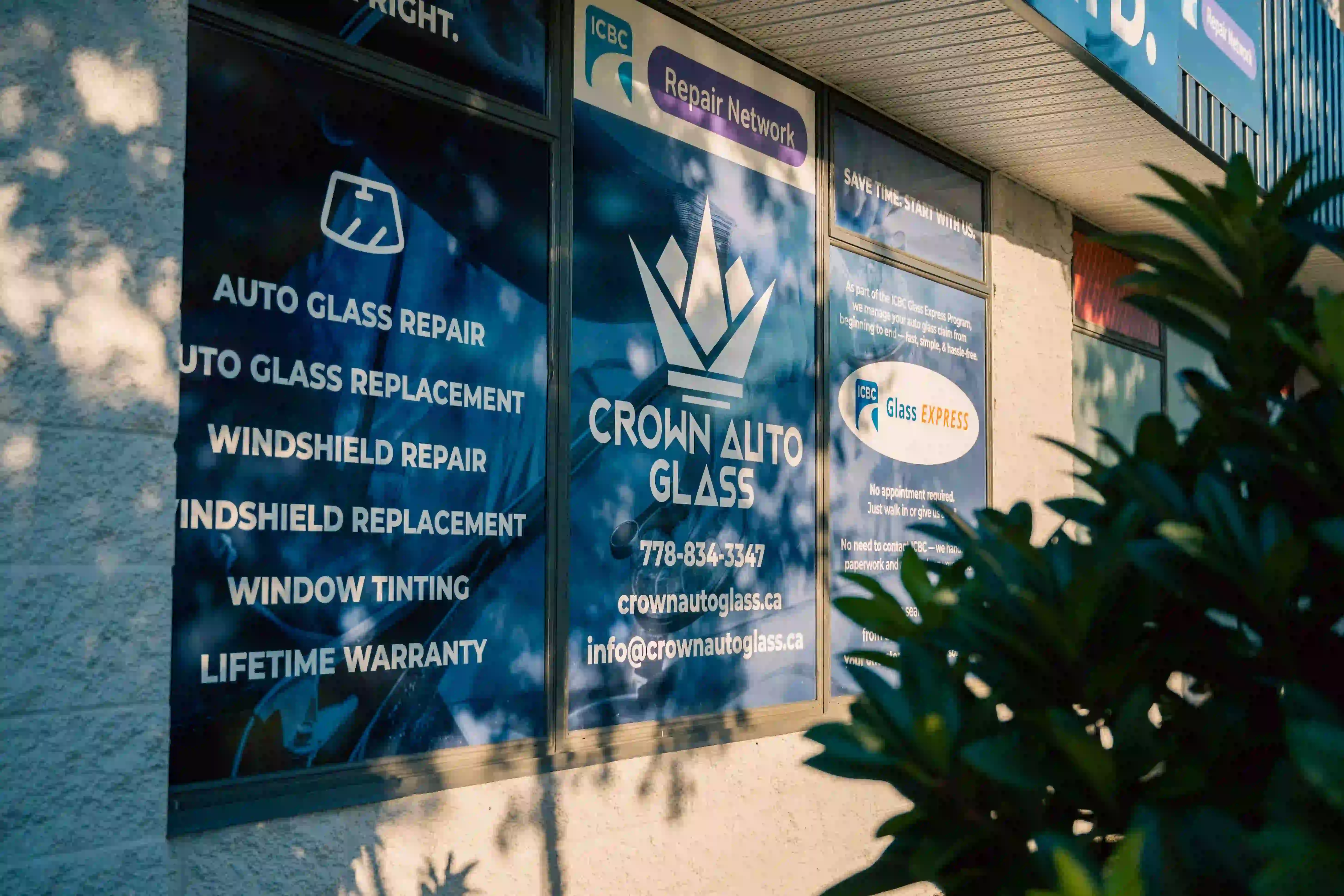 Exterior of Crown Auto Glass Burnaby location showing signage and entrance
