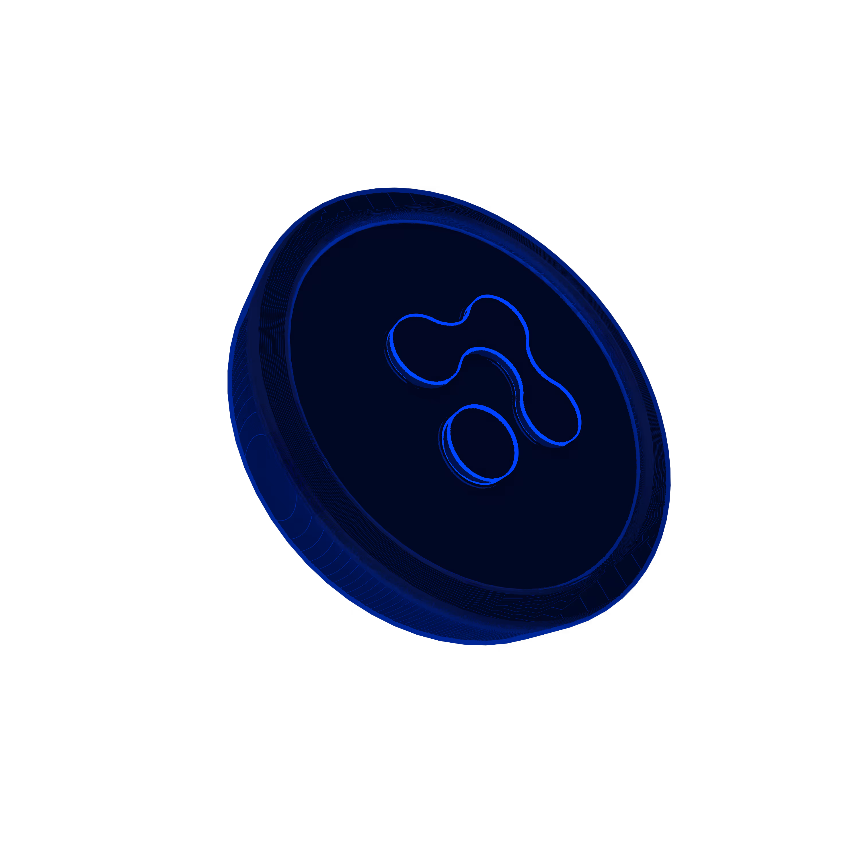 3D render of a single Twism Token with a glowing abstract symbol, representing innovation and digital value.